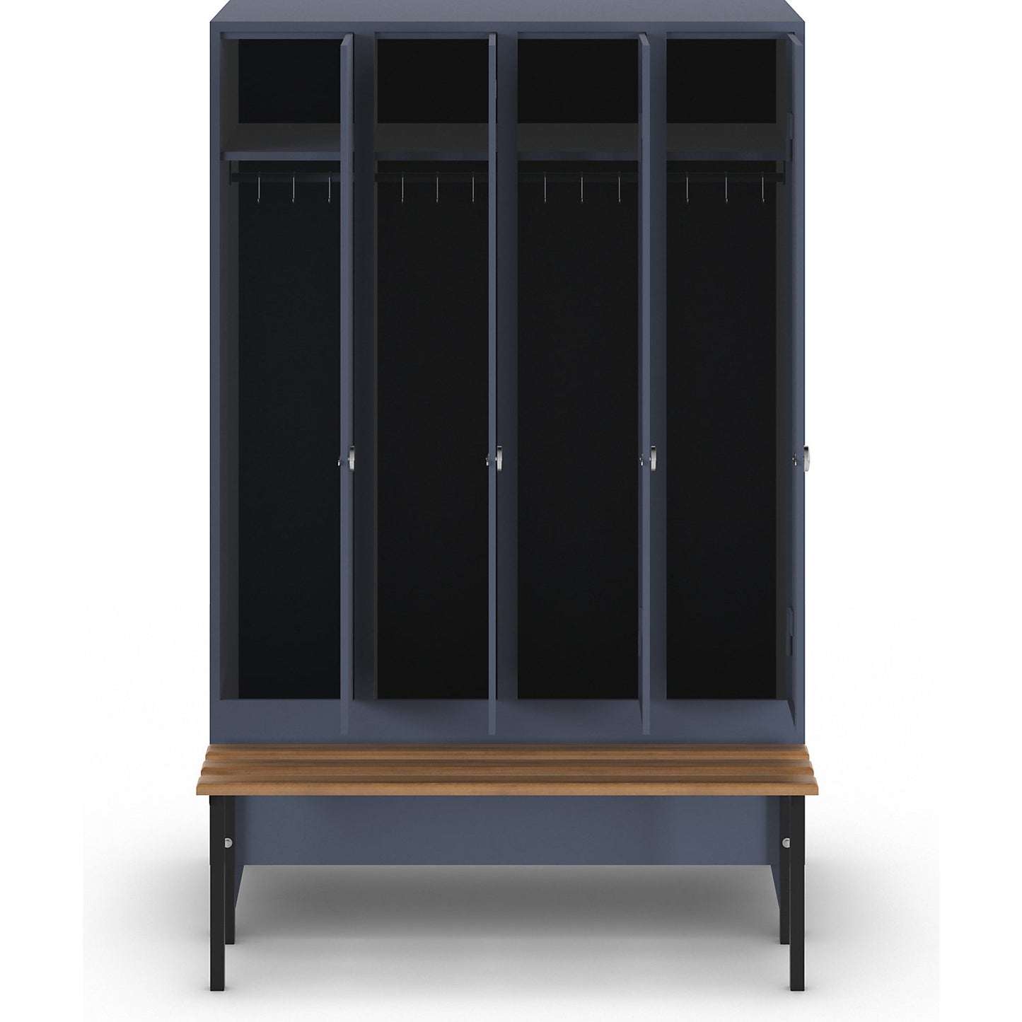 Berlin 1 bench seat clothes locker, 4 compartments, blue grey, W 1200 mm, bench mounted in front, beech wood.