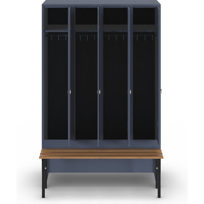 Berlin 1 bench seat clothes locker, 4 compartments, blue grey, W 1200 mm, bench mounted in front, beech wood.