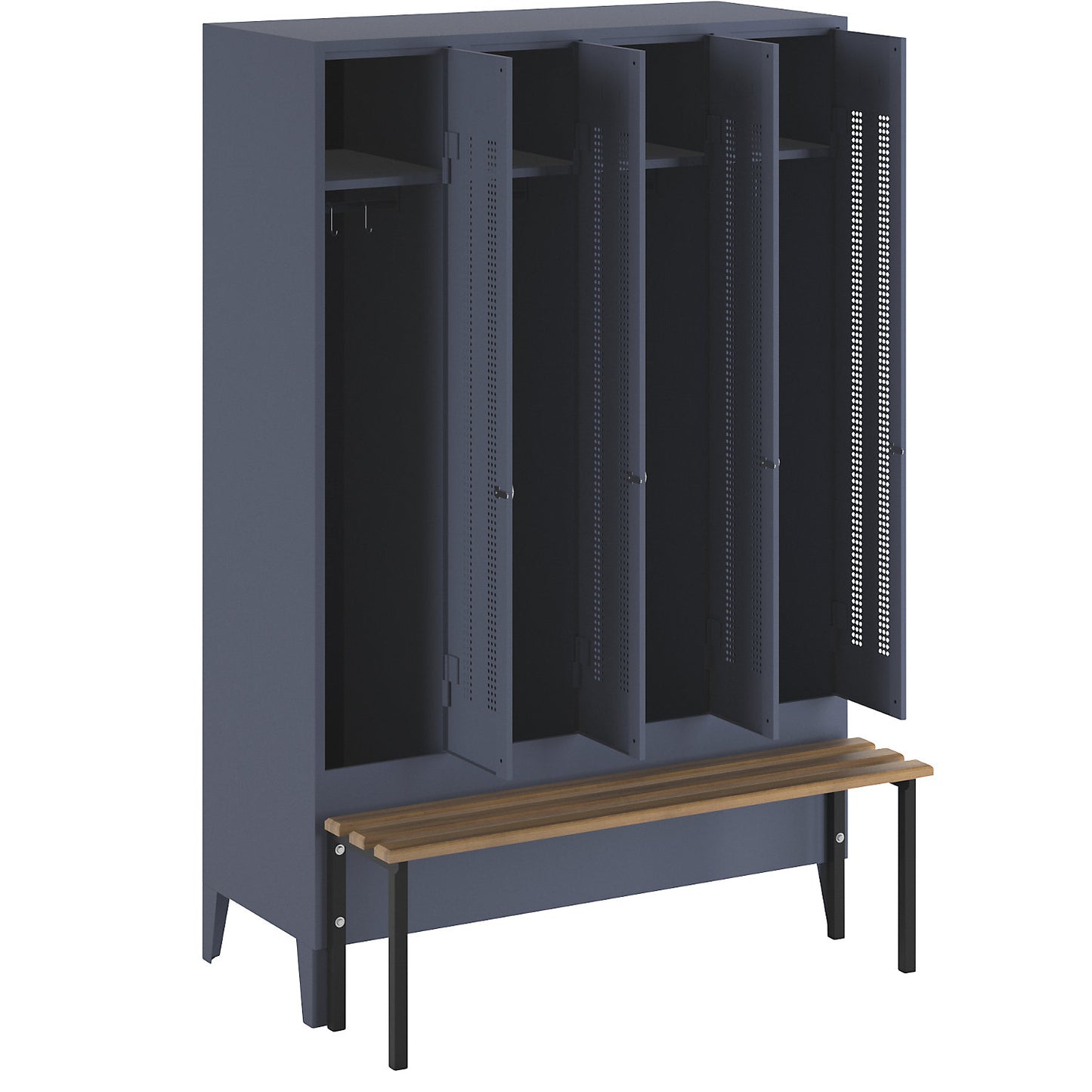 Berlin 1 bench seat clothes locker, 4 compartments, blue grey, W 1200 mm, bench mounted in front, beech wood.