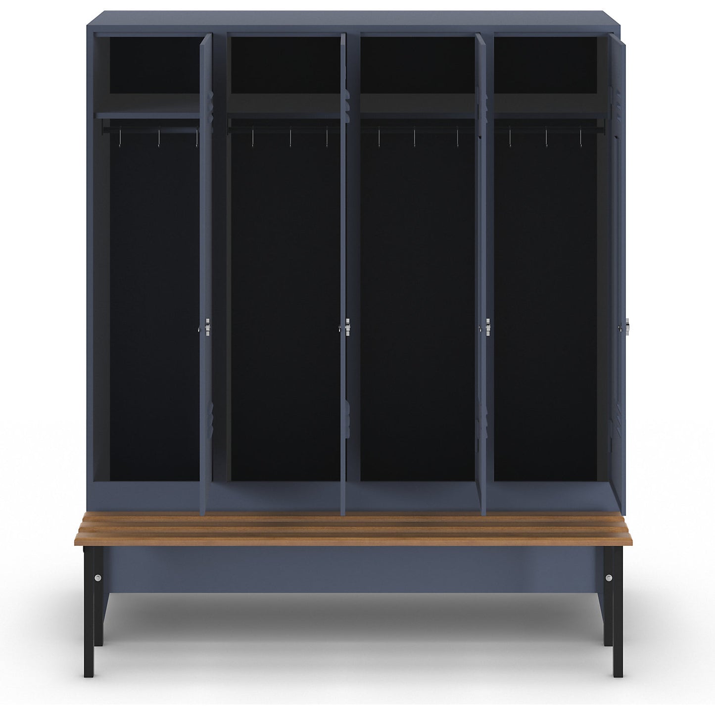 Berlin 2 clothes locker with bench seat, 4 compartments, blue grey, W 1600 mm, bench mounted in front, beech wood.