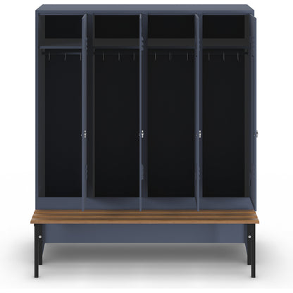Berlin 2 clothes locker with bench seat, 4 compartments, blue grey, W 1600 mm, bench mounted in front, beech wood.