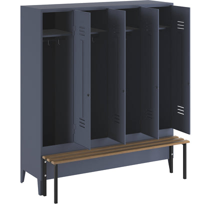 Berlin 2 clothes locker with bench seat, 4 compartments, blue grey, W 1600 mm, bench mounted in front, beech wood.
