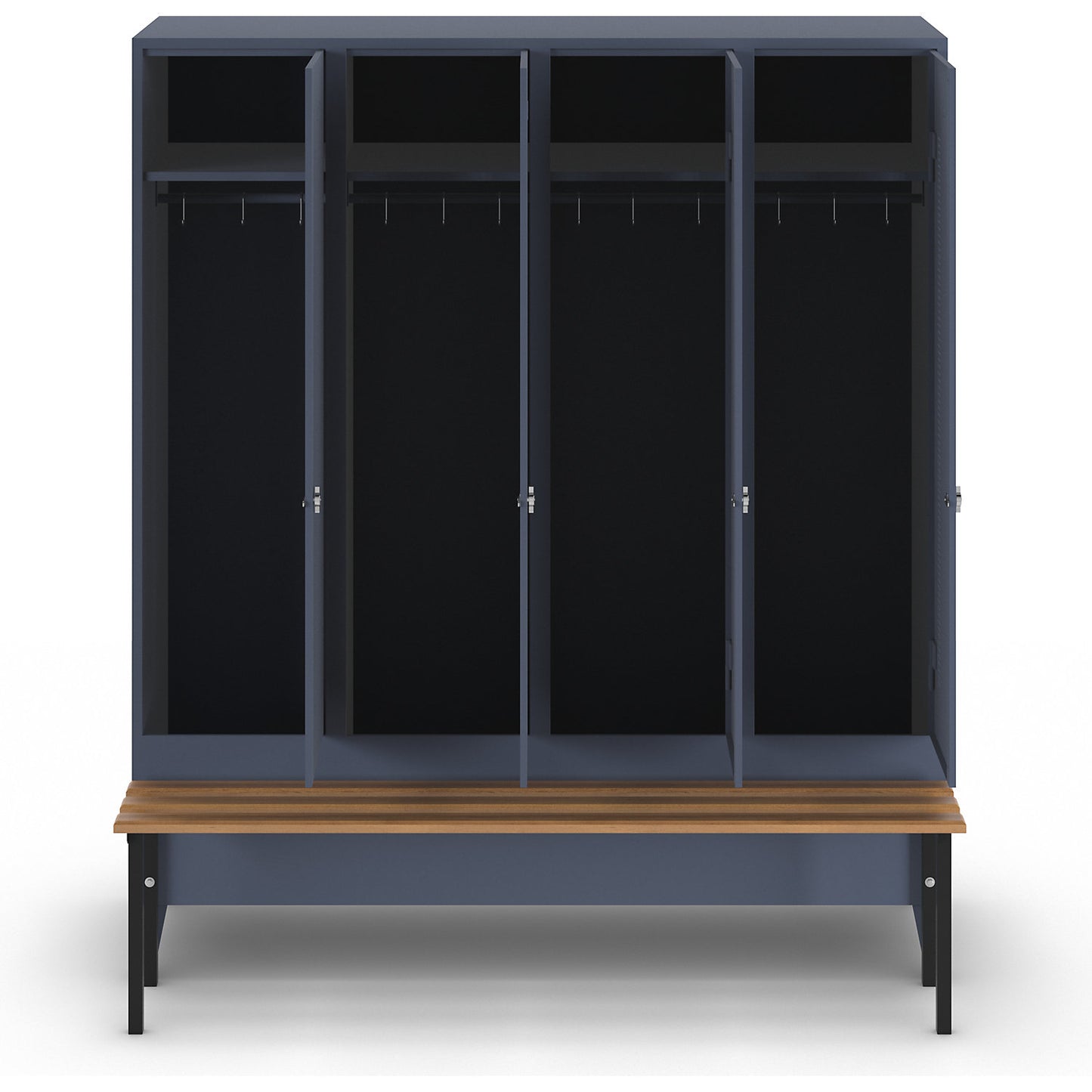Berlin 1 bench seat clothes locker, 4 compartments, blue grey, W 1600 mm, bench mounted in front, beech wood.