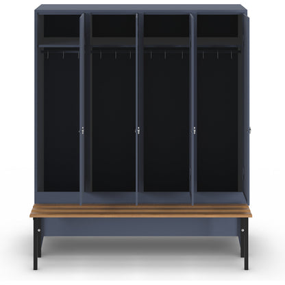 Berlin 1 bench seat clothes locker, 4 compartments, blue grey, W 1600 mm, bench mounted in front, beech wood.