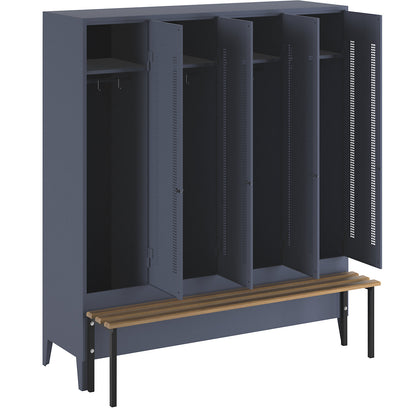 Berlin 1 bench seat clothes locker, 4 compartments, blue grey, W 1600 mm, bench mounted in front, beech wood.