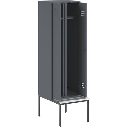 Berlin 2 clean and dirty locker with bench seat, centre divider, 1 compartment, blue grey, W 600 mm, bench fitted below, plastic.