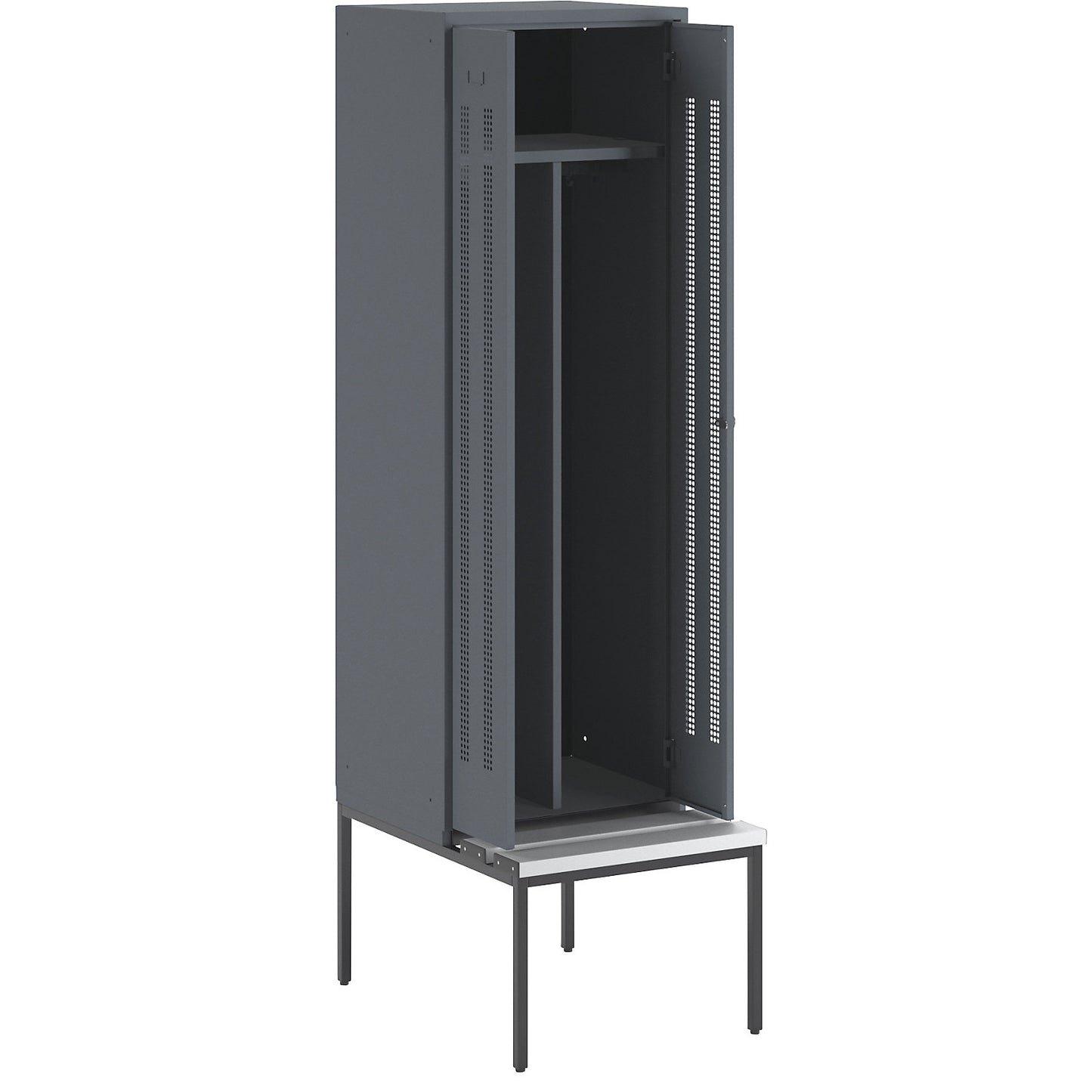 Berlin 1 clean and dirty locker with bench seat, centre divider, 1 compartment, blue grey, W 600 mm, bench fitted below, plastic.
