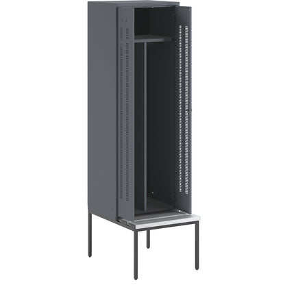 Berlin 1 clean and dirty locker with bench seat, centre divider, 1 compartment, blue grey, W 600 mm, bench fitted below, plastic.
