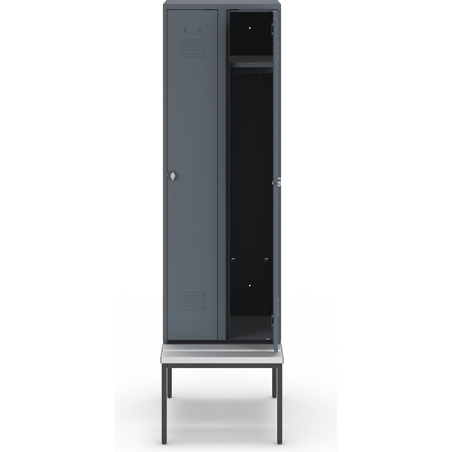 Berlin 2 clothes locker with bench seat, 2 compartments, blue grey, W 600 mm, bench fitted below, plastic.