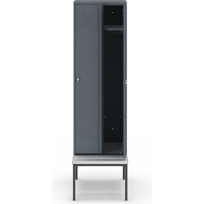 Berlin 2 clothes locker with bench seat, 2 compartments, blue grey, W 600 mm, bench fitted below, plastic.