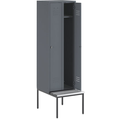 Berlin 2 clothes locker with bench seat, 2 compartments, blue grey, W 600 mm, bench fitted below, plastic.