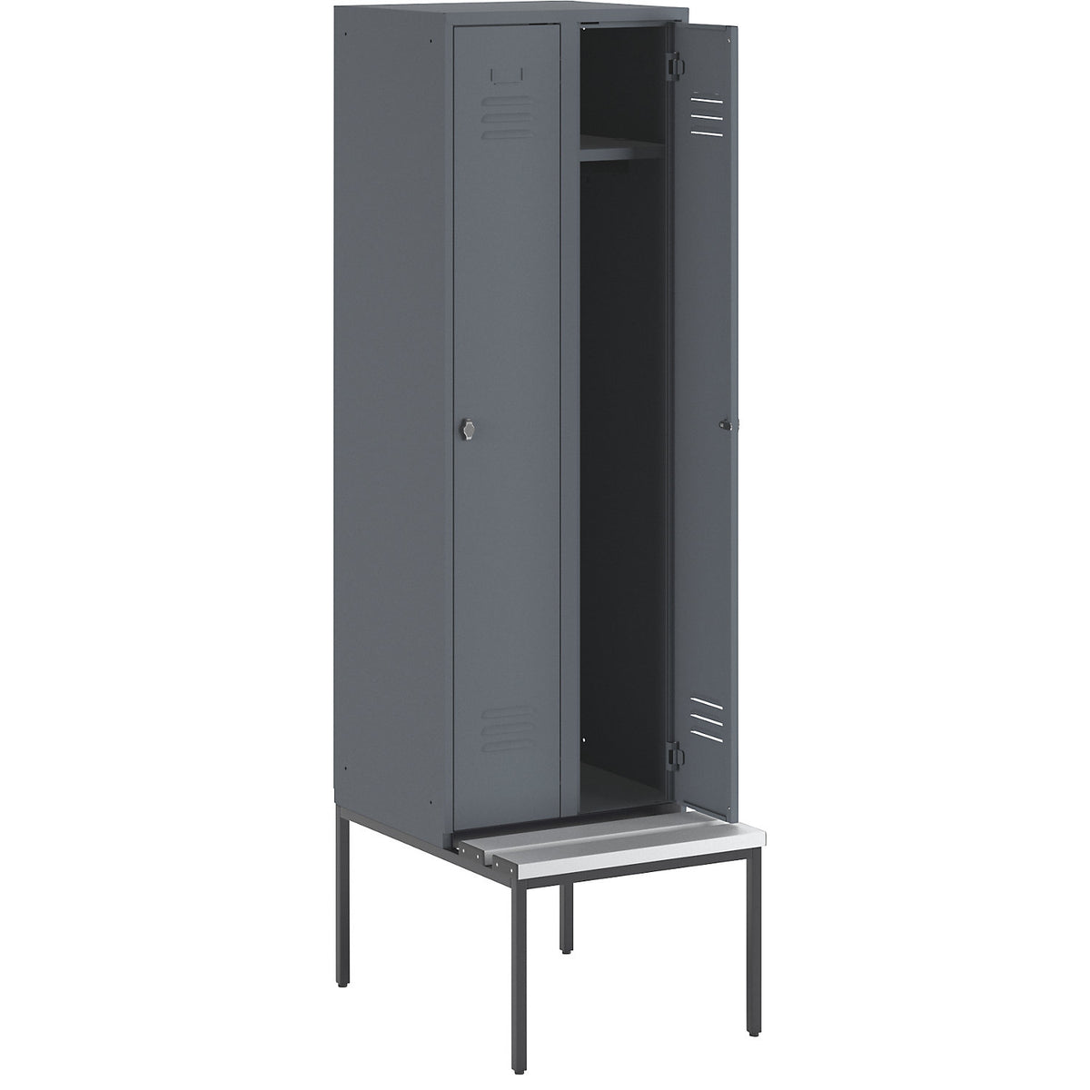 Berlin 2 clothes locker with bench seat, 2 compartments, blue grey, W 600 mm, bench fitted below, plastic.