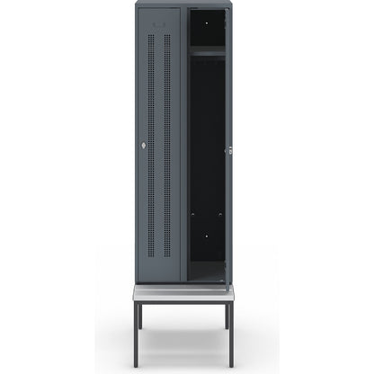 Berlin 1 bench seat clothes locker, 2 compartments, blue grey, W 600 mm, bench fitted below, plastic.
