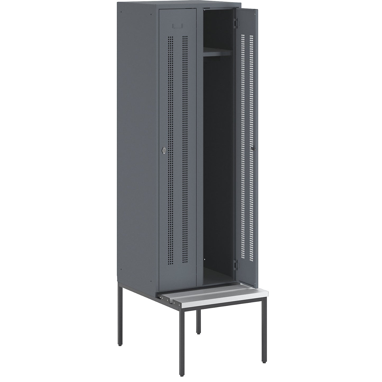 Berlin 1 bench seat clothes locker, 2 compartments, blue grey, W 600 mm, bench fitted below, plastic.