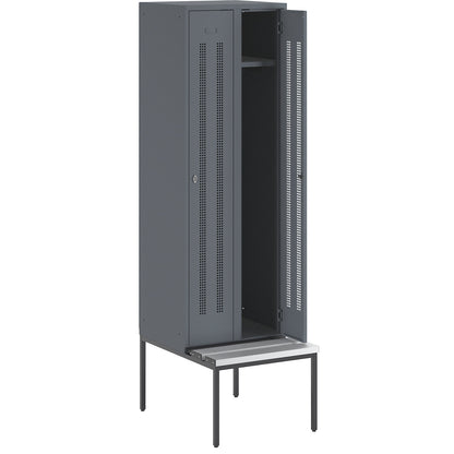 Berlin 1 bench seat clothes locker, 2 compartments, blue grey, W 600 mm, bench fitted below, plastic.