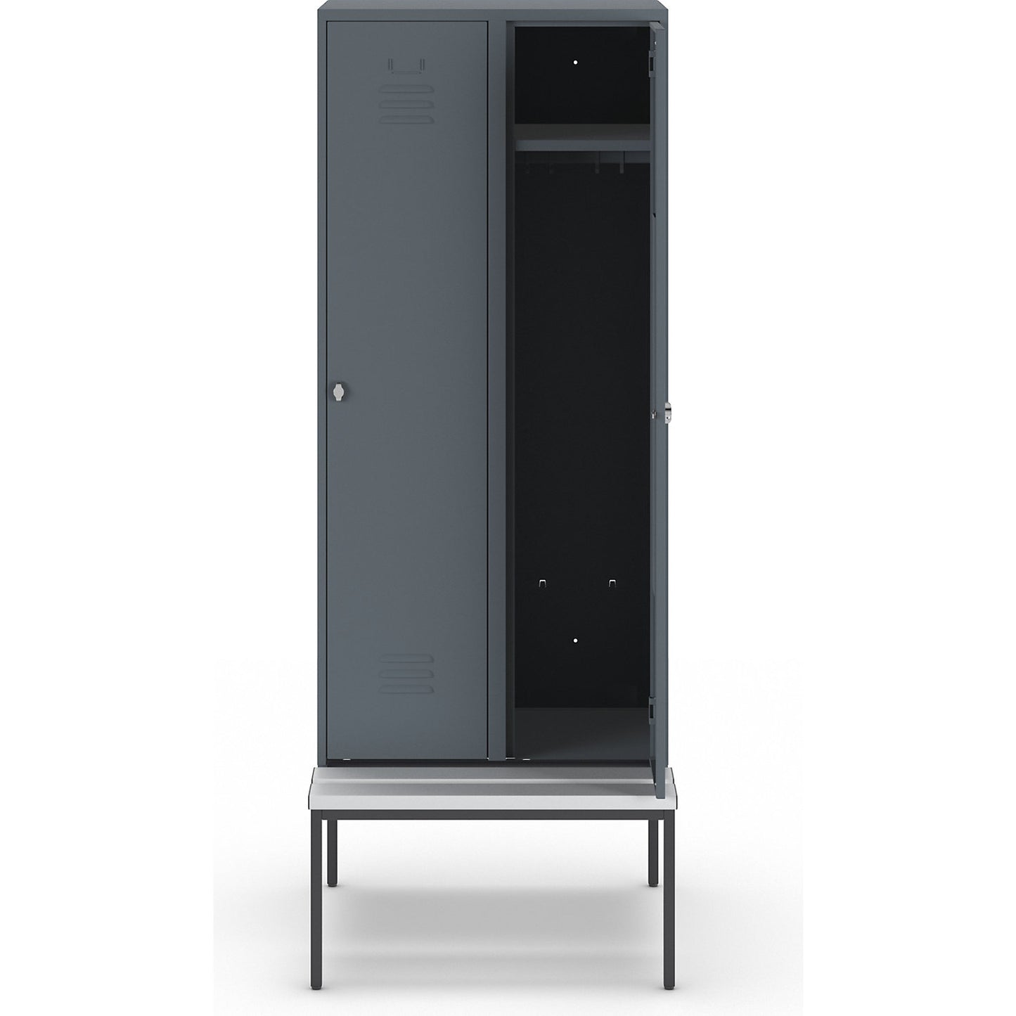 Berlin 2 clothes locker with bench seat, 2 compartments, blue grey, W 800 mm, bench fitted below, plastic.