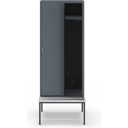 Berlin 2 clothes locker with bench seat, 2 compartments, blue grey, W 800 mm, bench fitted below, plastic.
