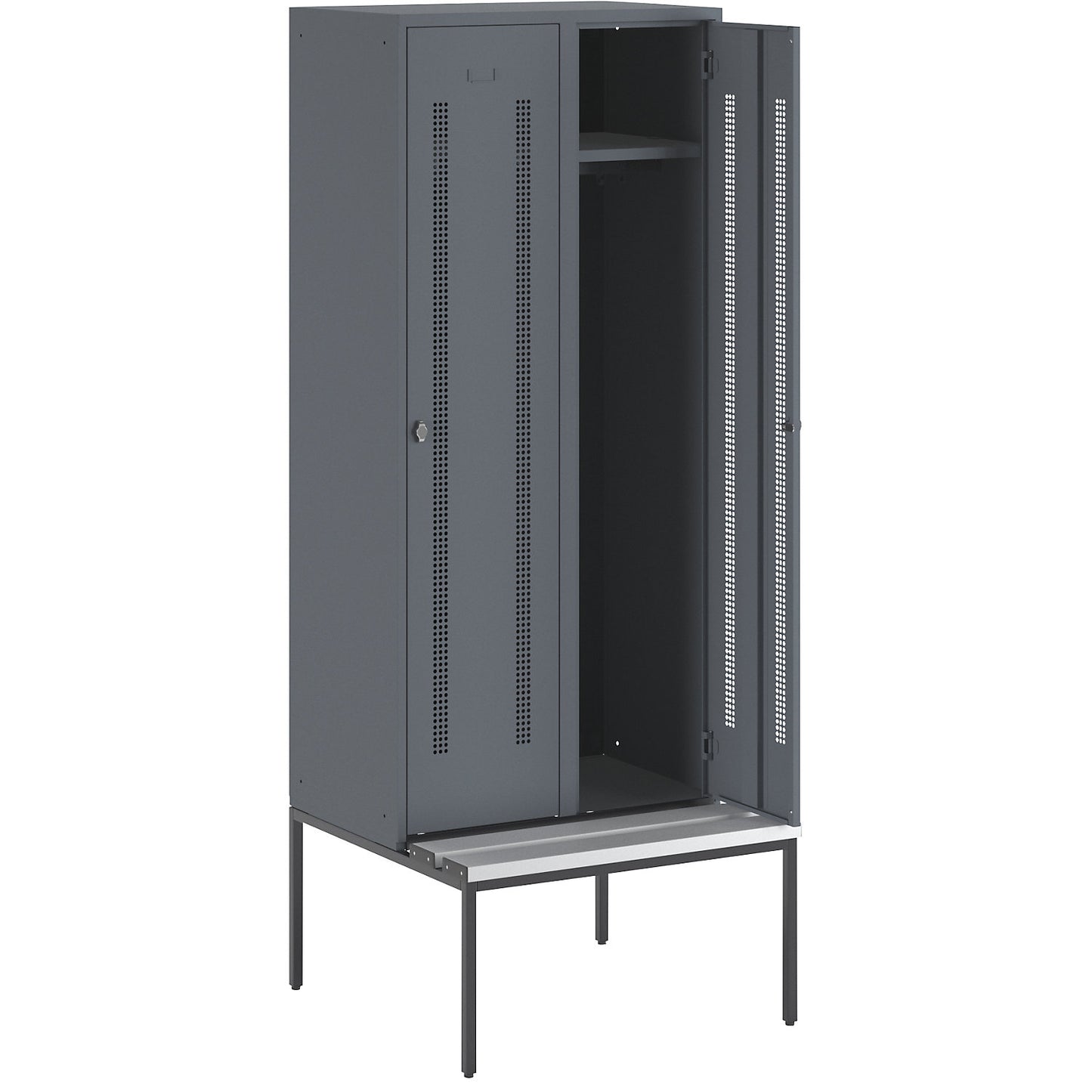 Berlin 1 bench seat clothes locker, 2 compartments, blue grey, W 800 mm, bench fitted below, plastic.