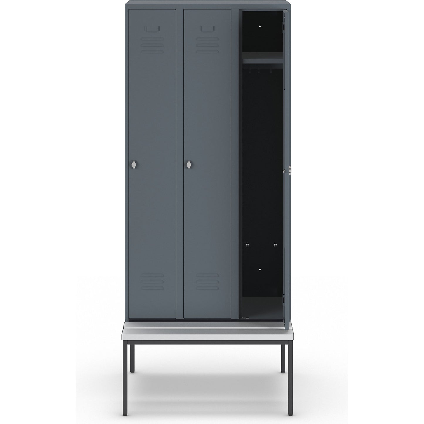 Berlin 2 clothes locker with bench seat, 3 compartments, blue grey, W 900 mm, bench fitted below, plastic.