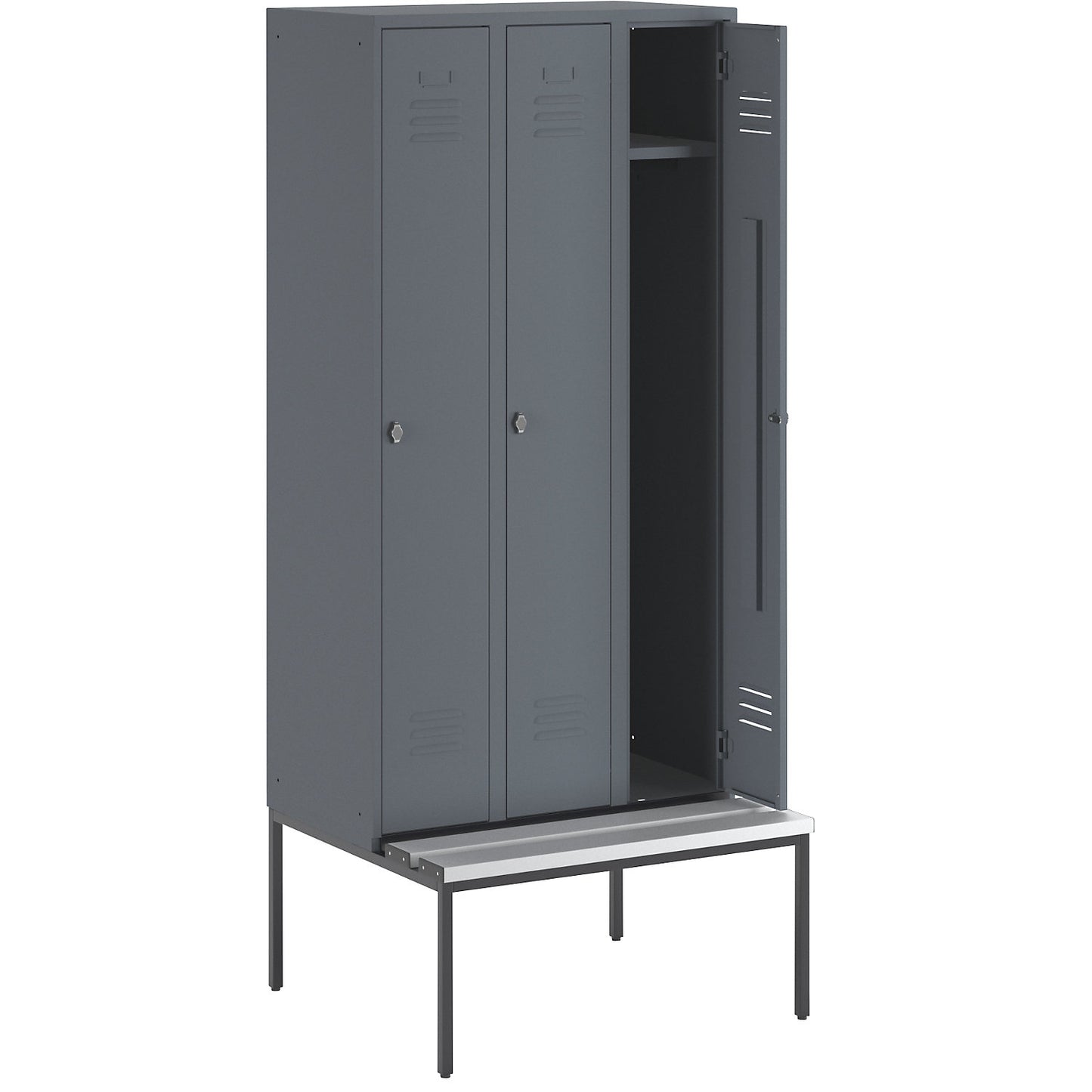 Berlin 2 clothes locker with bench seat, 3 compartments, blue grey, W 900 mm, bench fitted below, plastic.