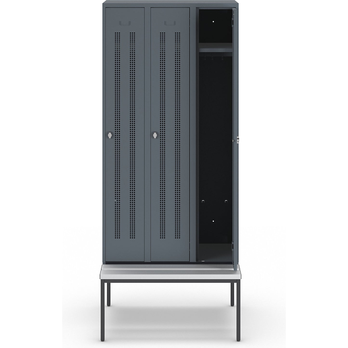Berlin 1 bench seat clothes locker, 3 compartments, blue grey, W 900 mm, bench fitted below, plastic.