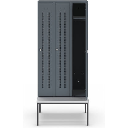 Berlin 1 bench seat clothes locker, 3 compartments, blue grey, W 900 mm, bench fitted below, plastic.