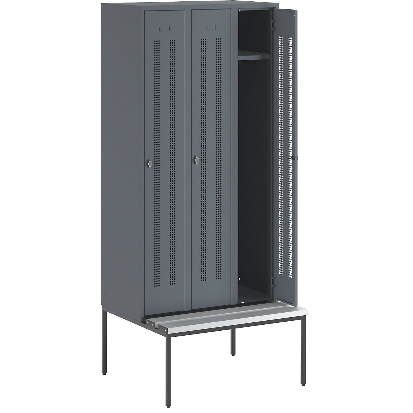 Berlin 1 bench seat clothes locker, 3 compartments, blue grey, W 900 mm, bench fitted below, plastic.