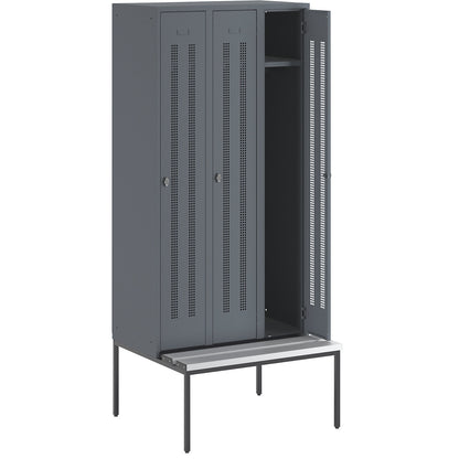 Berlin 1 bench seat clothes locker, 3 compartments, blue grey, W 900 mm, bench fitted below, plastic.