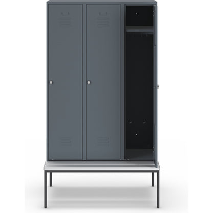 Berlin 2 clothes locker with bench seat, 3 compartments, blue grey, W 1200 mm, bench fitted below, plastic.