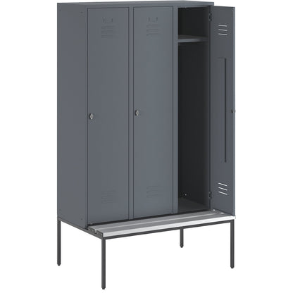 Berlin 2 clothes locker with bench seat, 3 compartments, blue grey, W 1200 mm, bench fitted below, plastic.