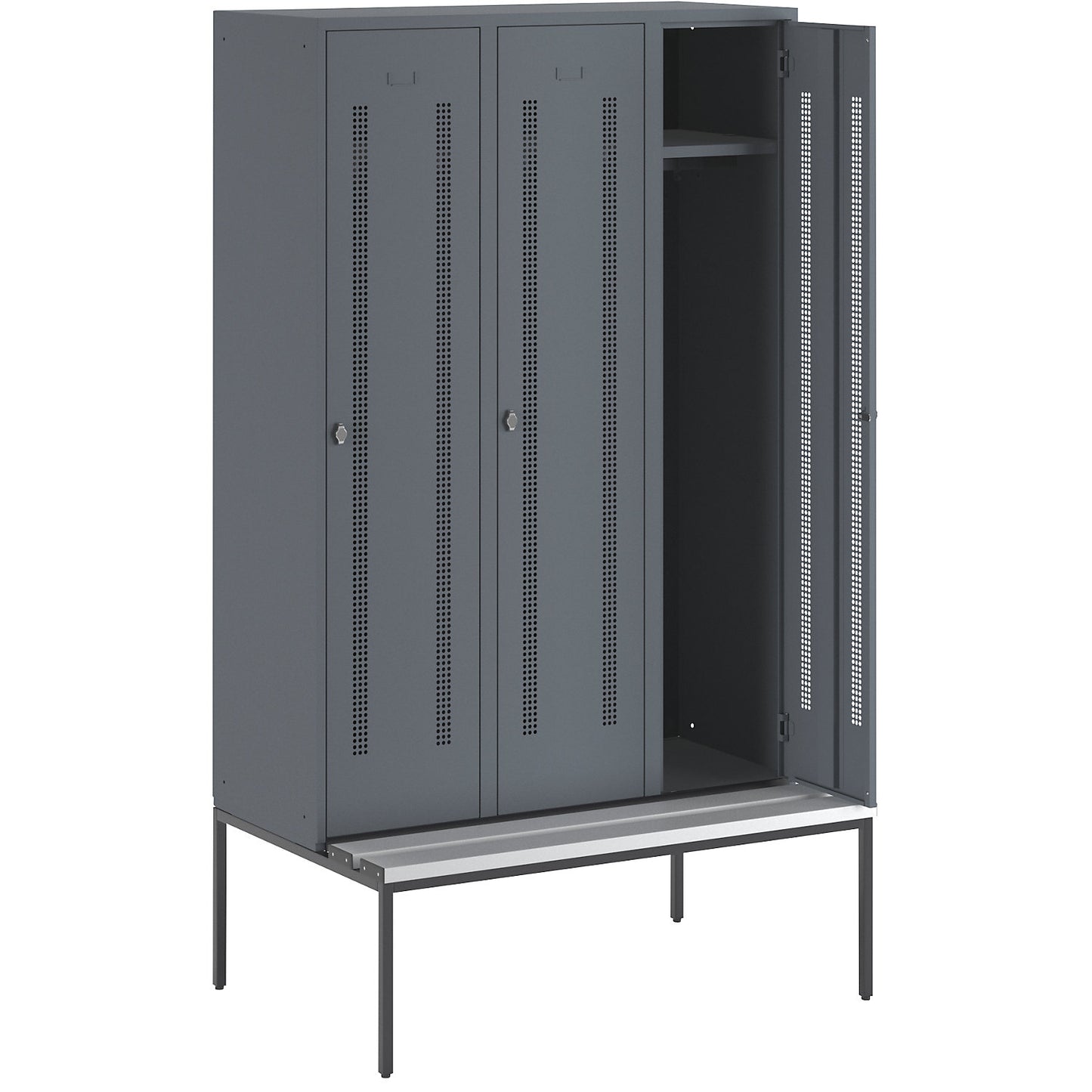 Berlin 1 bench seat clothes locker, 3 compartments, blue grey, W 1200 mm, bench fitted below, plastic.