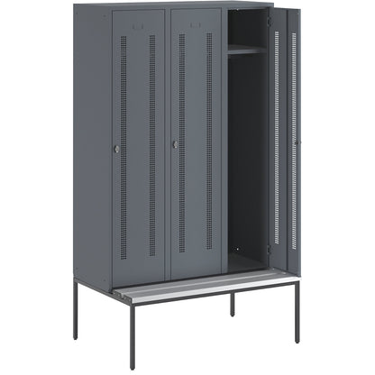 Berlin 1 bench seat clothes locker, 3 compartments, blue grey, W 1200 mm, bench fitted below, plastic.