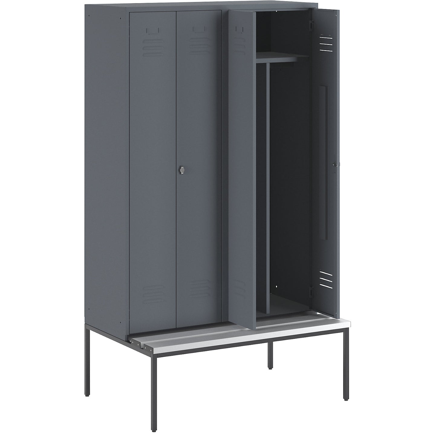 Berlin 2 clean and dirty locker with bench seat, centre divider, 2 compartments, blue grey, W 1200 mm, bench fitted below, plastic.
