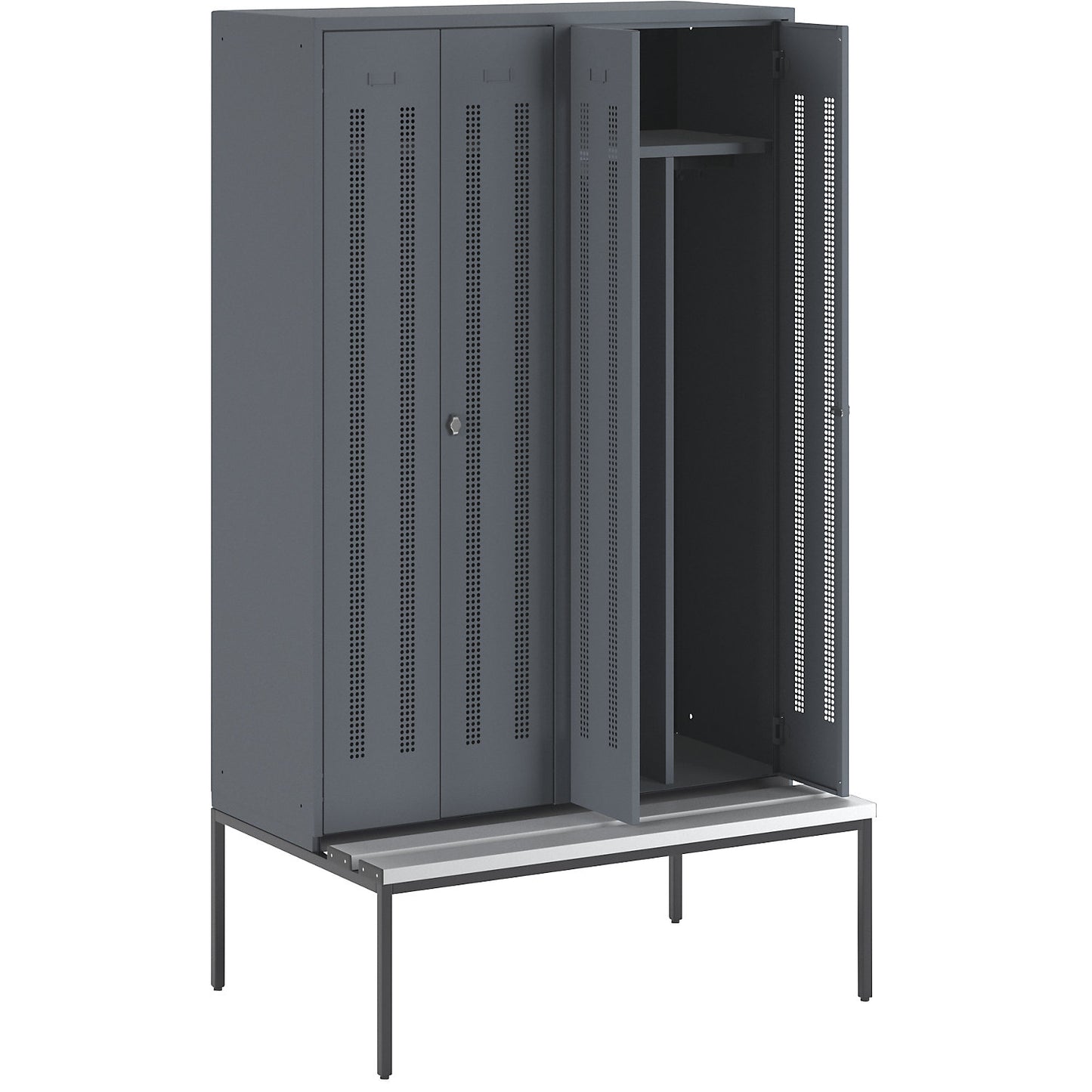 Berlin 1 clean and dirty locker with bench seat, centre divider, 2 compartments, blue grey, W 1200 mm, bench fitted below, plastic.