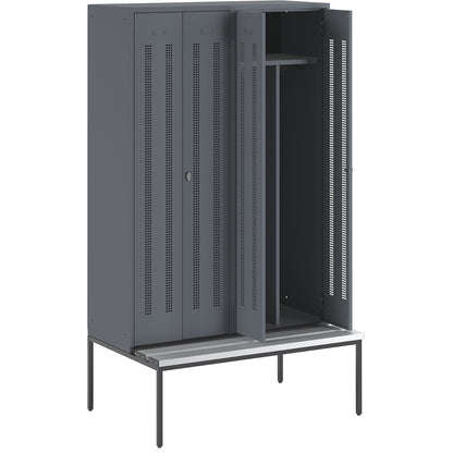 Berlin 1 clean and dirty locker with bench seat, centre divider, 2 compartments, blue grey, W 1200 mm, bench fitted below, plastic.