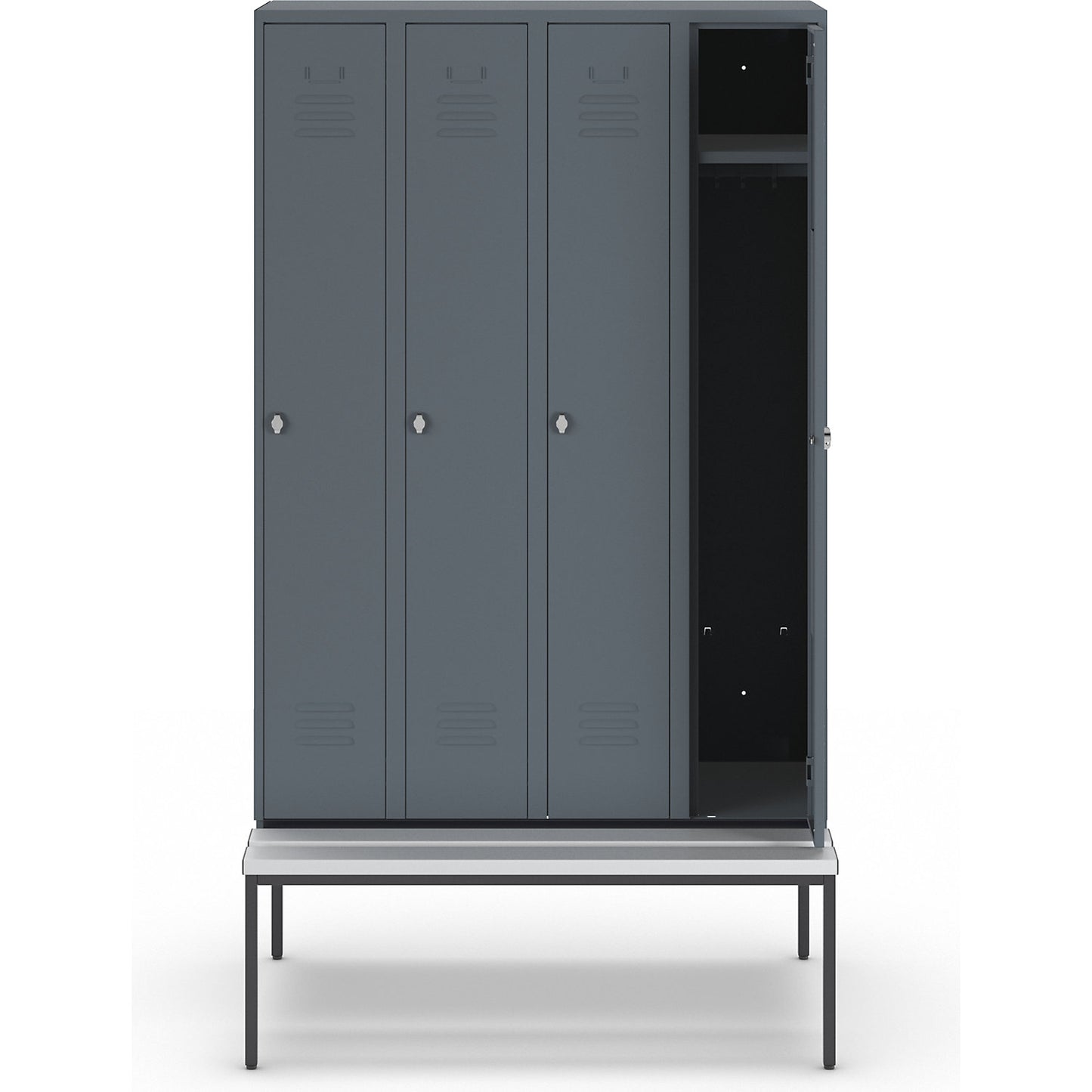 Berlin 2 clothes locker with bench seat, 4 compartments, blue grey, W 1200 mm, bench fitted below, plastic.