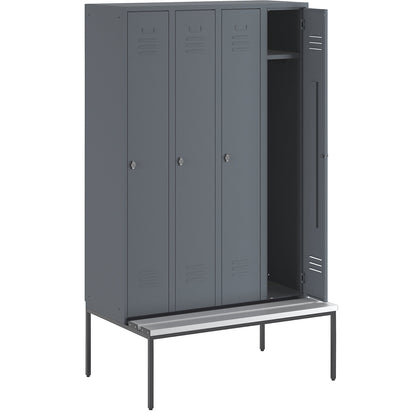 Berlin 2 clothes locker with bench seat, 4 compartments, blue grey, W 1200 mm, bench fitted below, plastic.