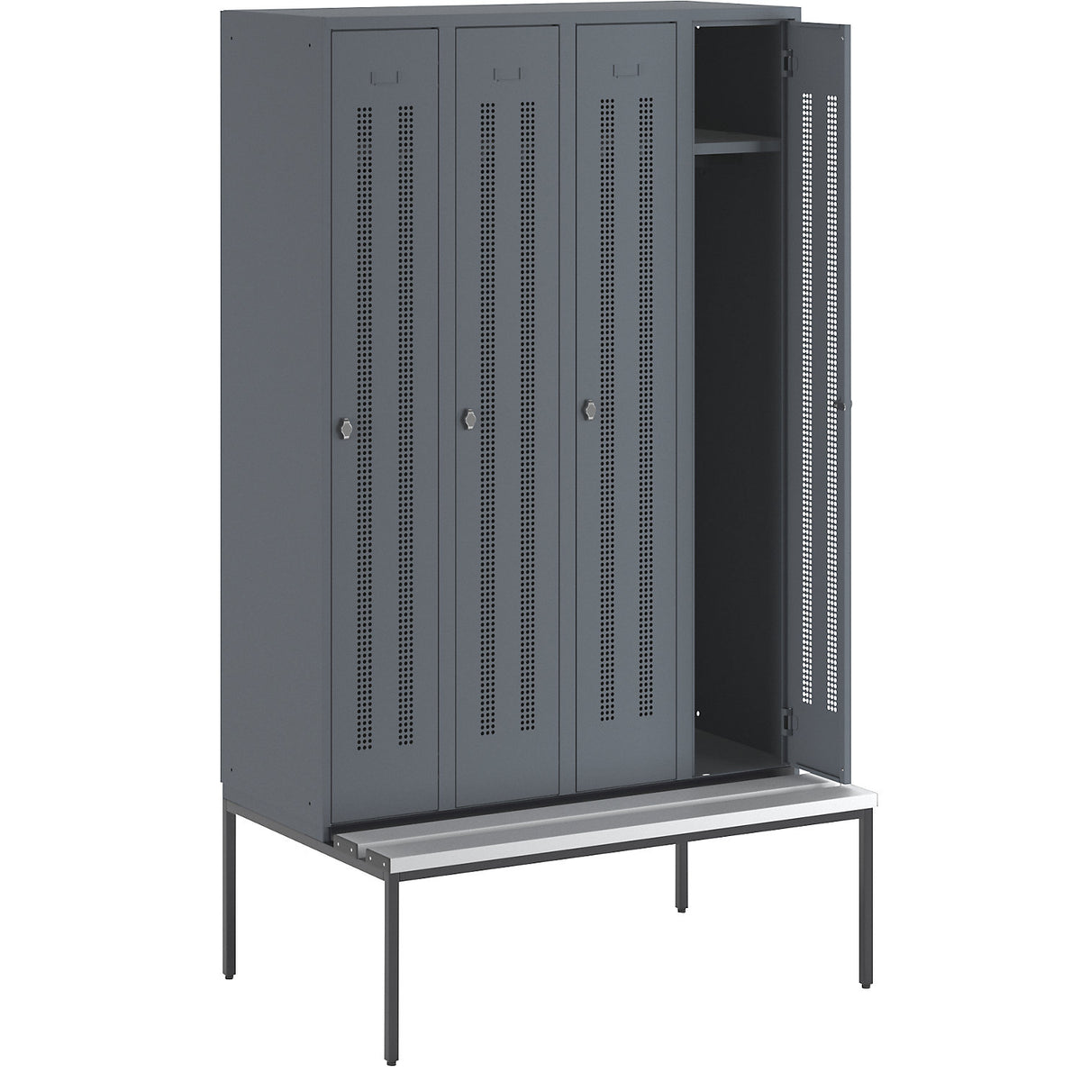 Berlin 1 bench seat clothes locker, 4 compartments, blue grey, W 1200 mm, bench fitted below, plastic.