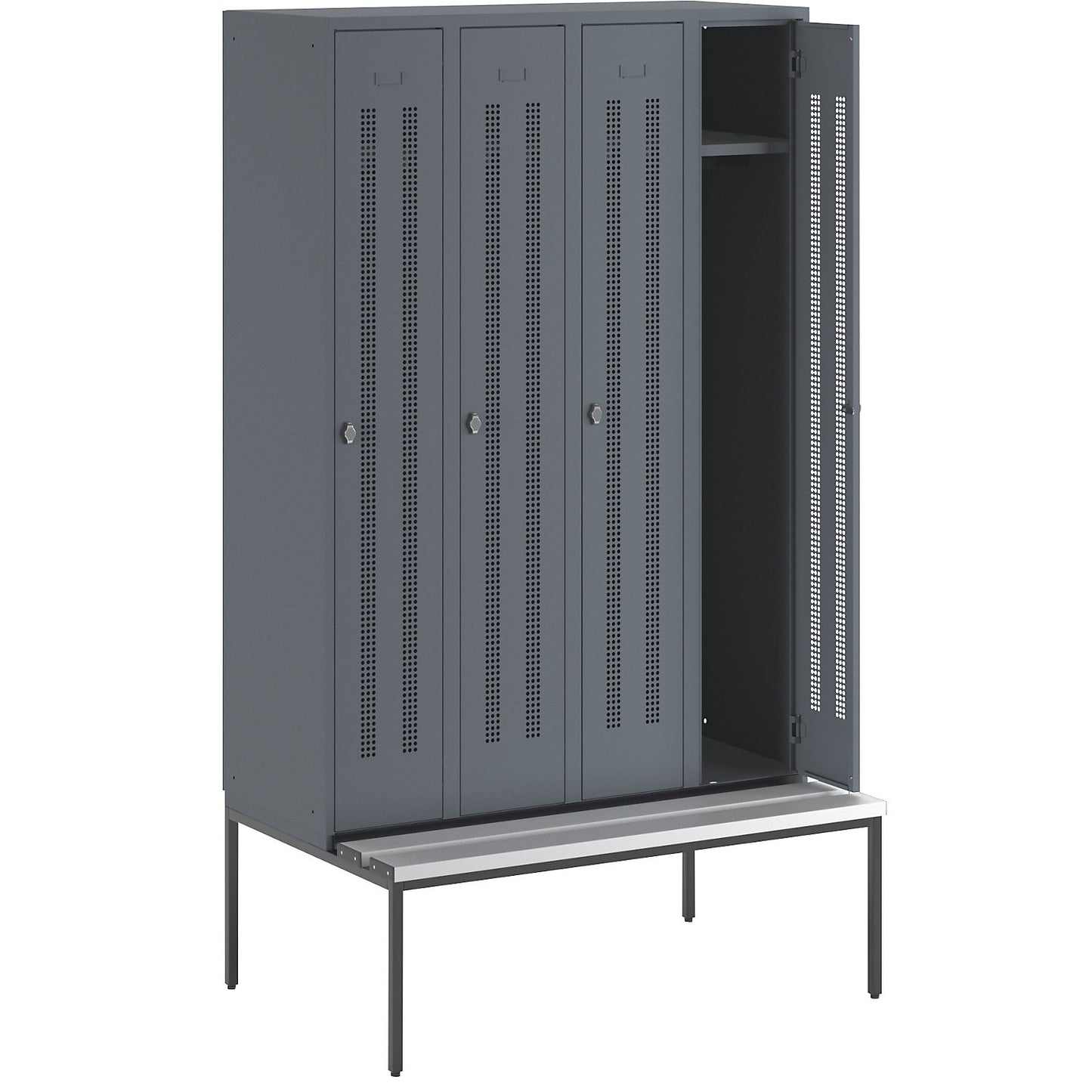 Berlin 1 bench seat clothes locker, 4 compartments, blue grey, W 1200 mm, bench fitted below, plastic.