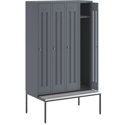 Berlin 1 bench seat clothes locker, 4 compartments, blue grey, W 1200 mm, bench fitted below, plastic.