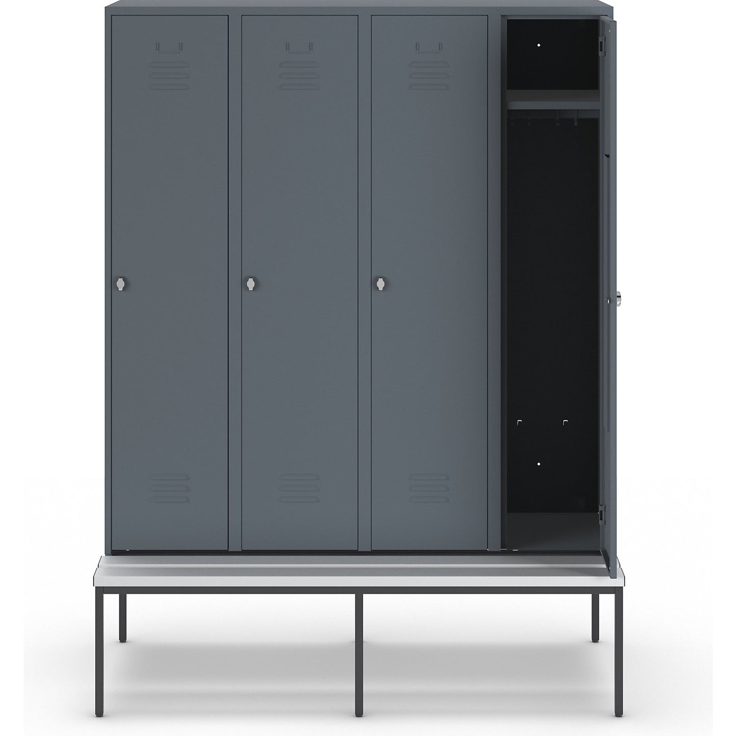 Berlin 2 clothes locker with bench seat, 4 compartments, blue grey, W 1600 mm, bench fitted below, plastic.