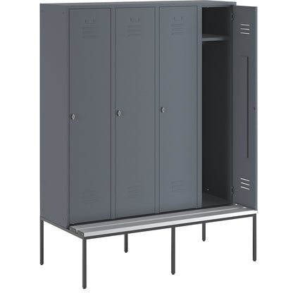 Berlin 2 clothes locker with bench seat, 4 compartments, blue grey, W 1600 mm, bench fitted below, plastic.