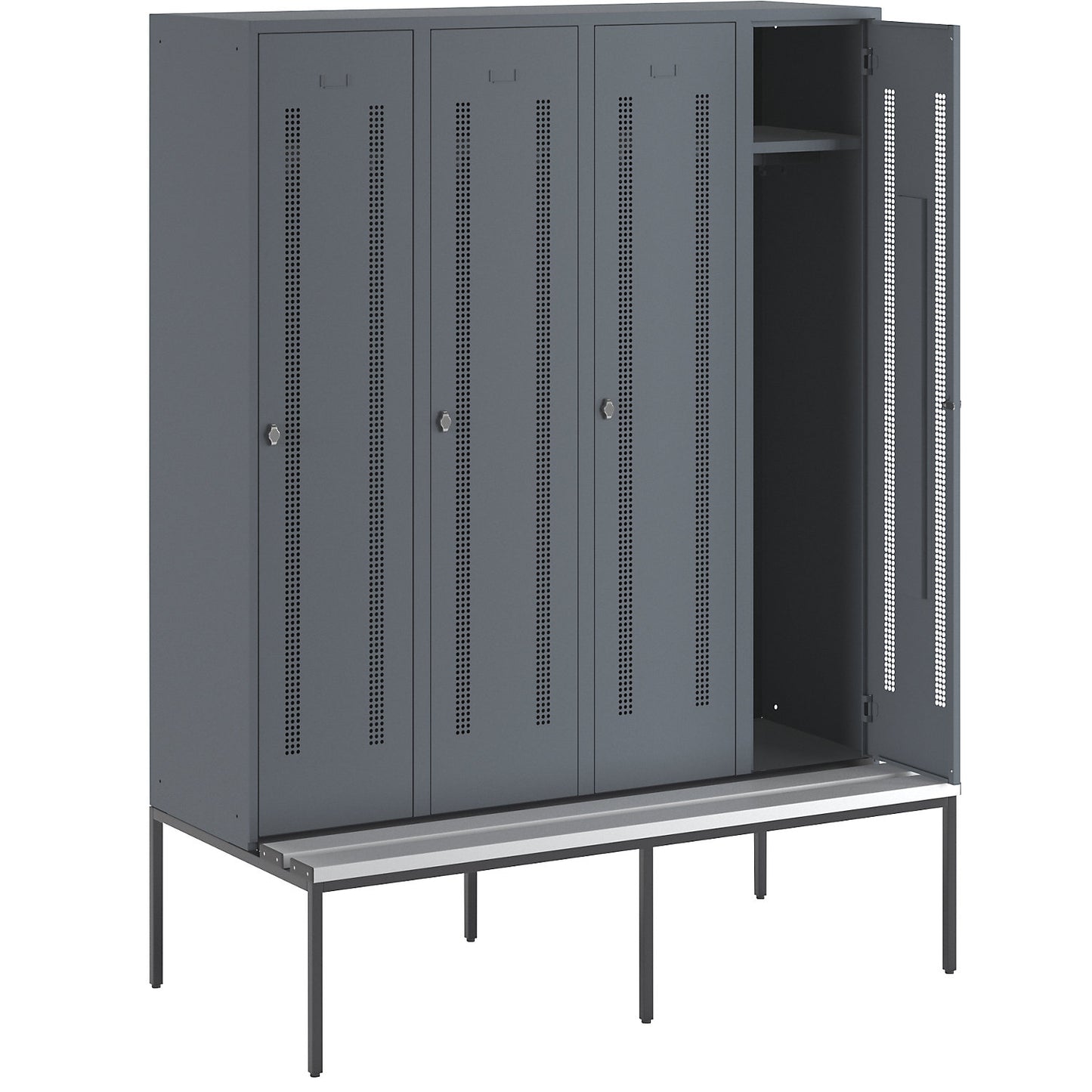 Berlin 1 bench seat clothes locker, 4 compartments, blue grey, W 1600 mm, bench fitted below, plastic.