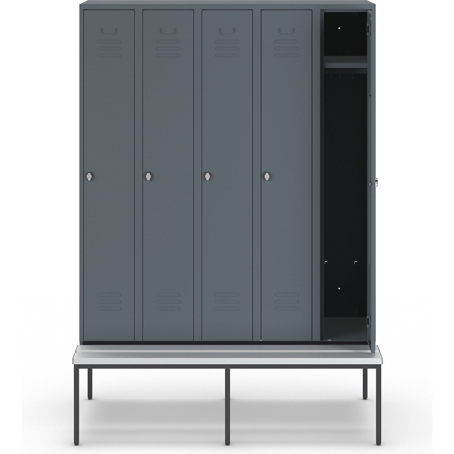 Berlin 2 clothes locker with bench seat, 5 compartments, blue grey, W 1500 mm, bench fitted below, plastic.