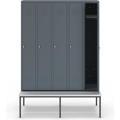 Berlin 2 clothes locker with bench seat, 5 compartments, blue grey, W 1500 mm, bench fitted below, plastic.