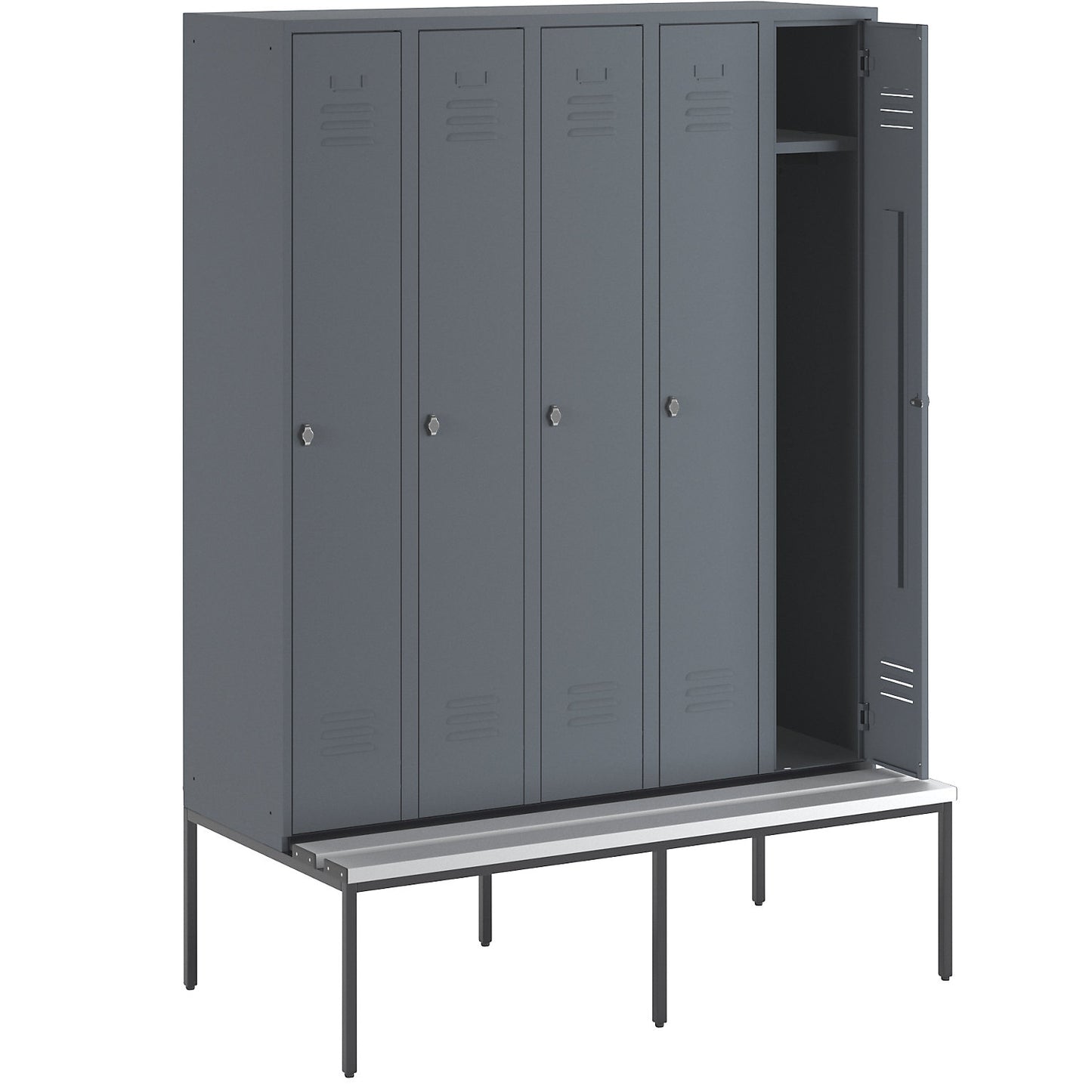 Berlin 2 clothes locker with bench seat, 5 compartments, blue grey, W 1500 mm, bench fitted below, plastic.
