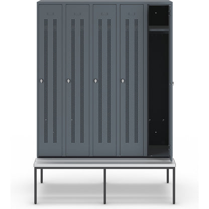 Berlin 1 bench seat clothes locker, 5 compartments, blue grey, W 1500 mm, bench fitted below, plastic.
