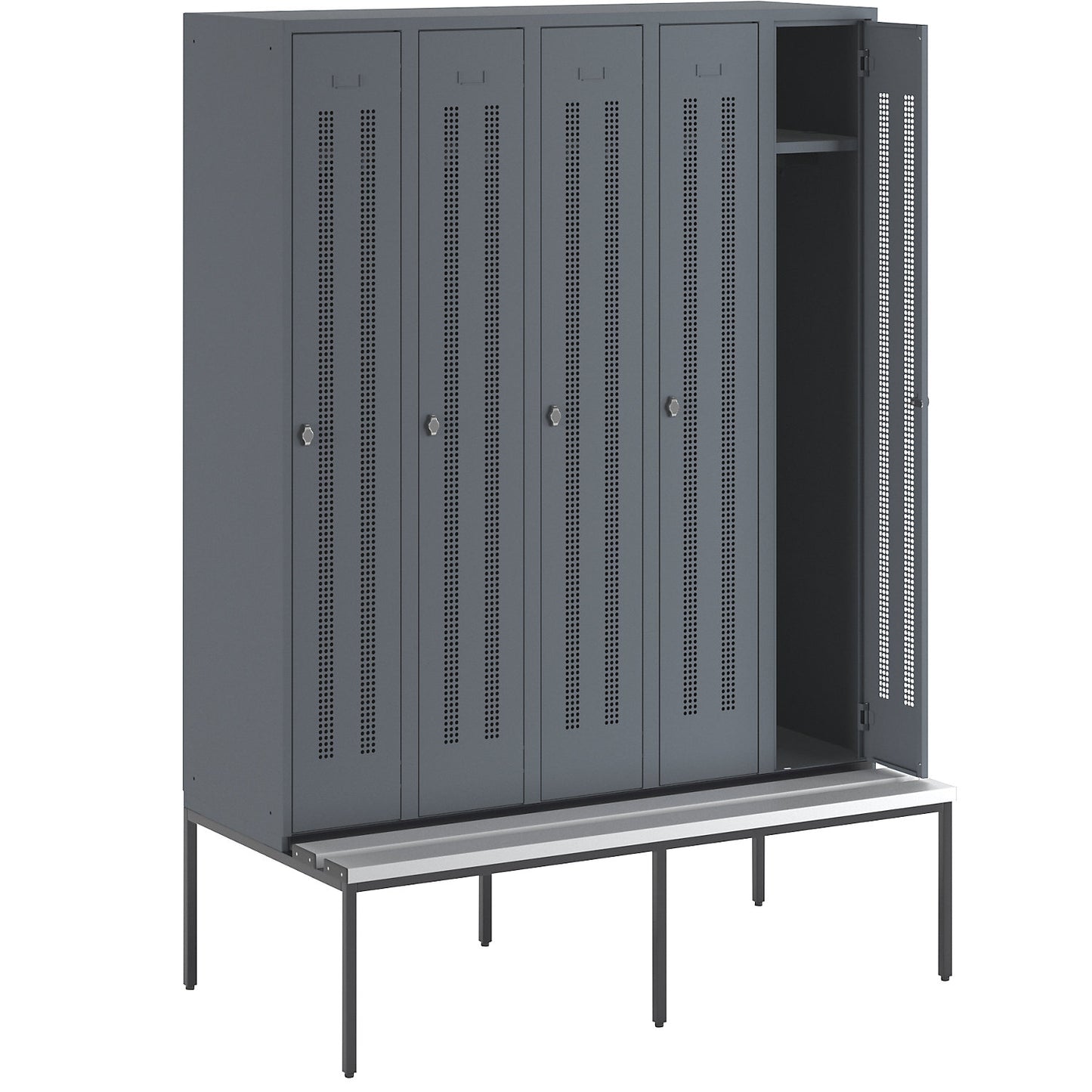 Berlin 1 bench seat clothes locker, 5 compartments, blue grey, W 1500 mm, bench fitted below, plastic.