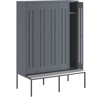 Berlin 1 bench seat clothes locker, 5 compartments, blue grey, W 1500 mm, bench fitted below, plastic.