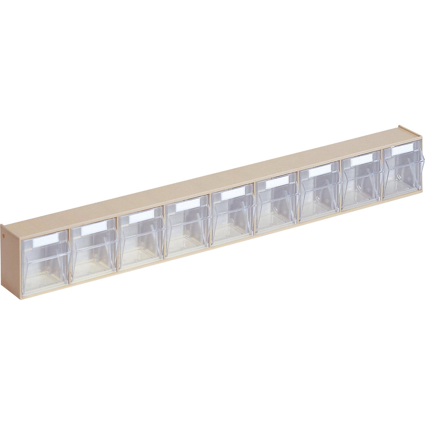 Visual storage container system, housing HxWxD 77 x 600 x 62 mm, 9 bins, sand beige.
